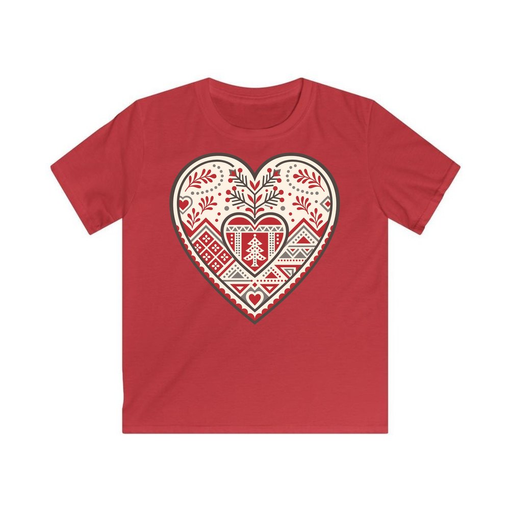 Nordic Folk Heart personalised kids Christmas tee in red