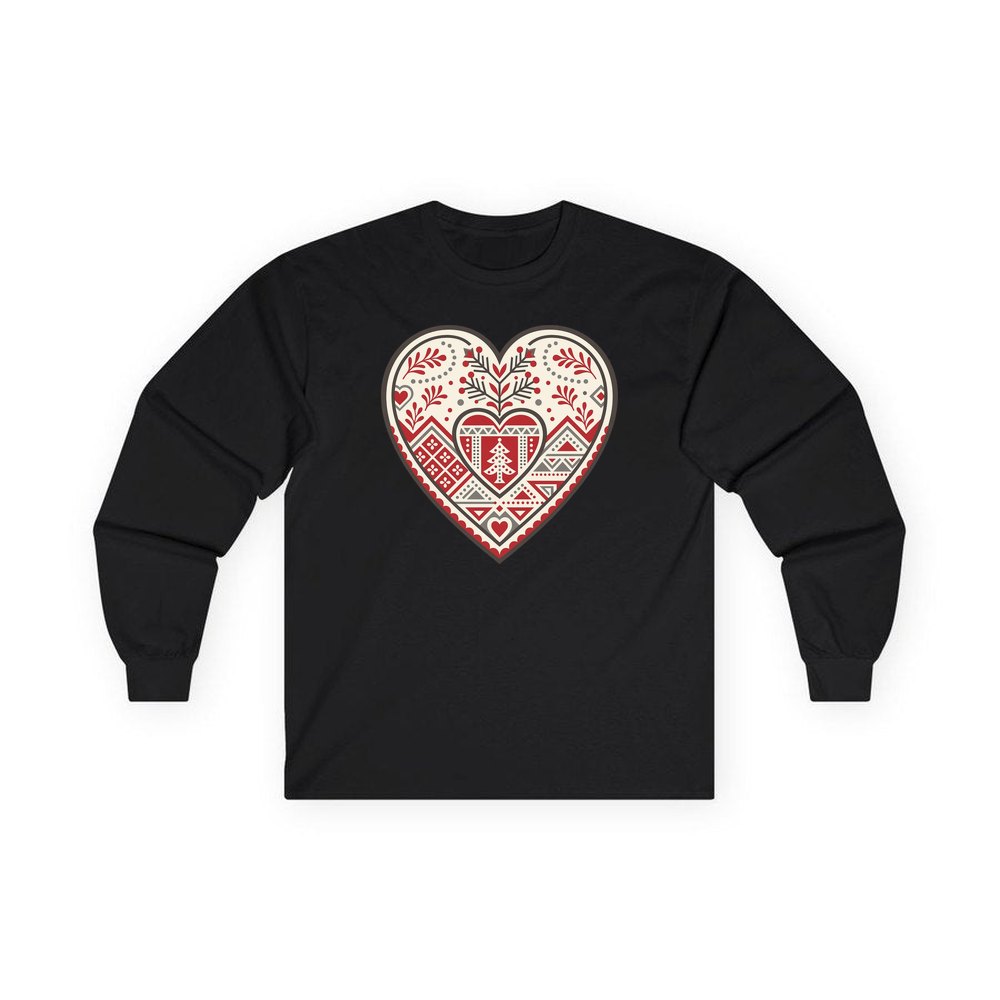 Nordic Folk Heart personalised long sleeve Christmas T-shirt in black