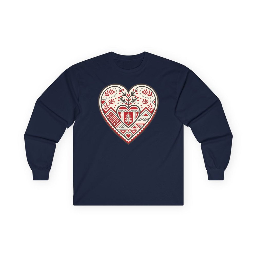 Nordic Folk Heart personalised long sleeve Christmas T-shirt in navy