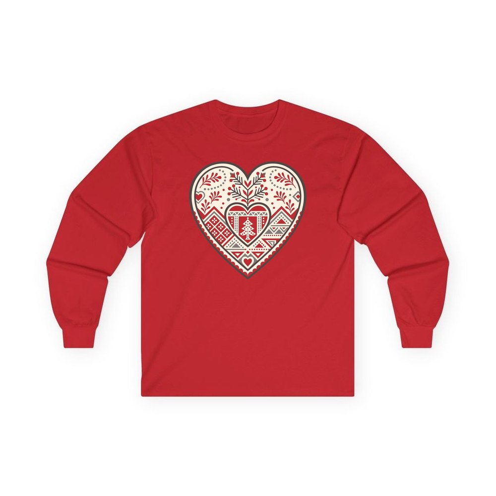 Nordic Folk Heart personalised long sleeve Christmas T-shirt in red