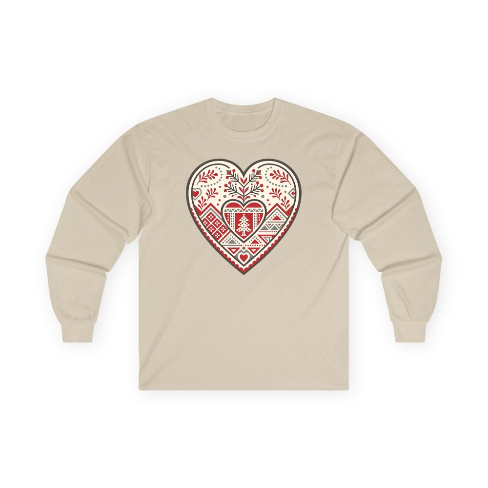 Nordic Folk Heart personalised long sleeve Christmas T-shirt in sand