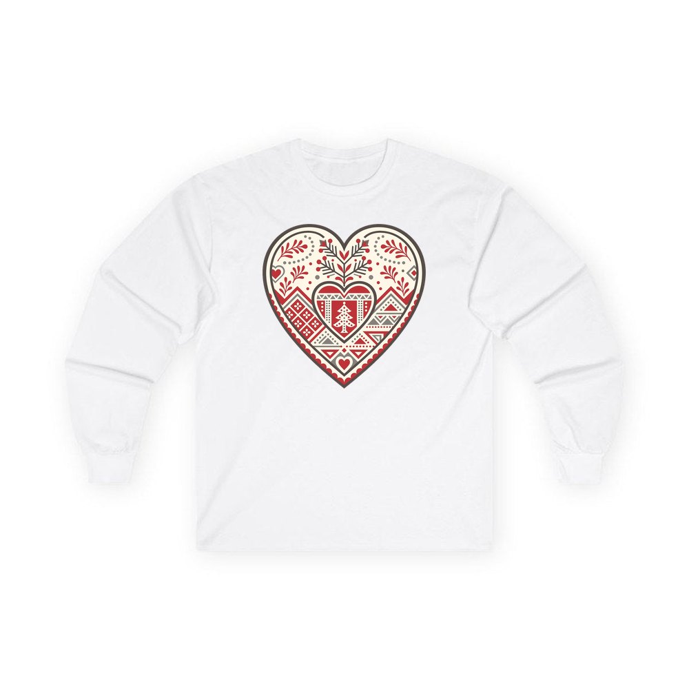 Nordic Folk Heart personalised long sleeve Christmas T-shirt in white