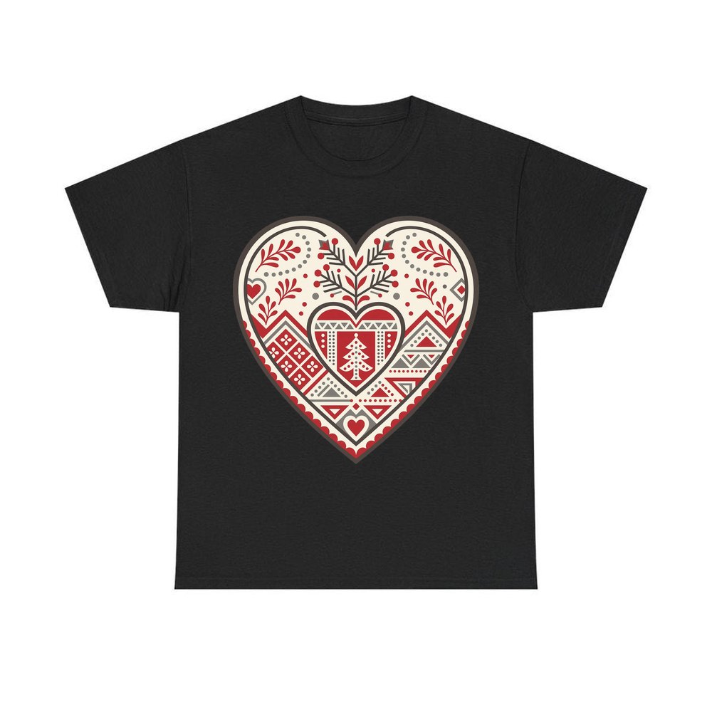 Nordic Folk Heart personalised Christmas T-shirt in black