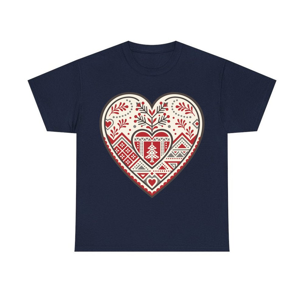 Nordic Folk Heart personalised Christmas T-shirt in navy