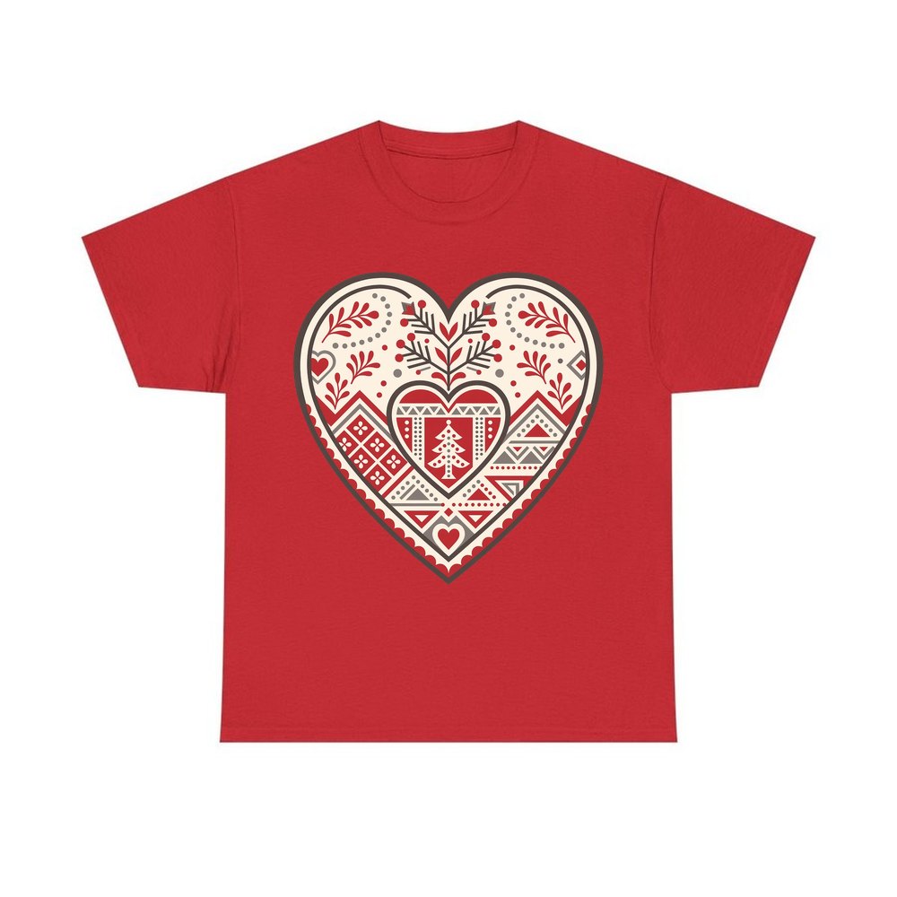 Nordic Folk Heart personalised Christmas T-shirt in red