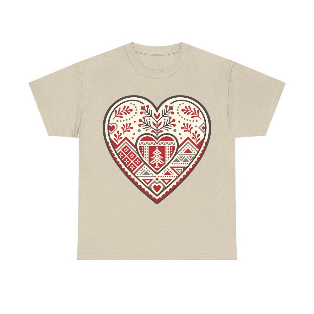Nordic Folk Heart personalised Christmas T-shirt in sand