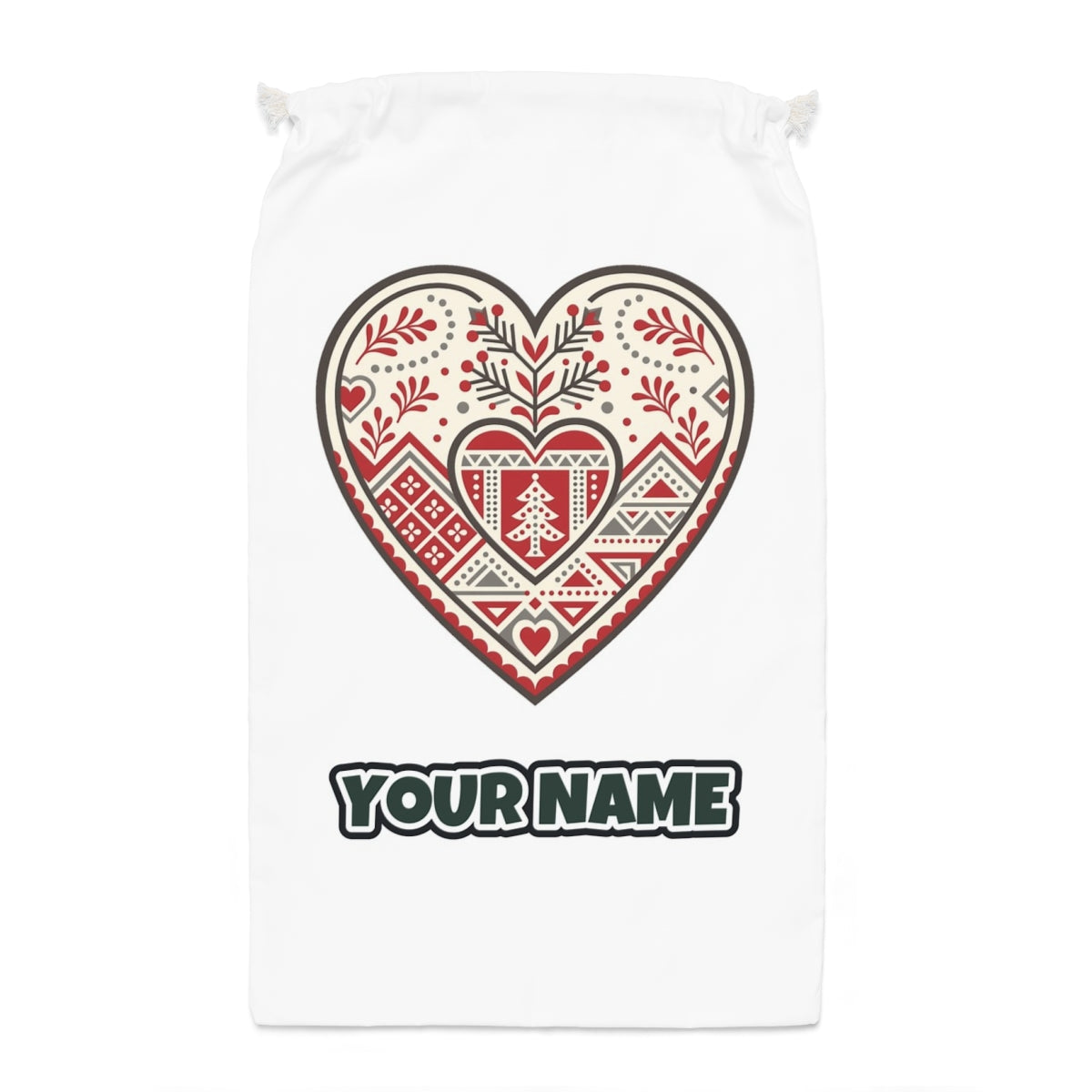 Nordic Folk Heart Santa sack laid flat, showing the full print