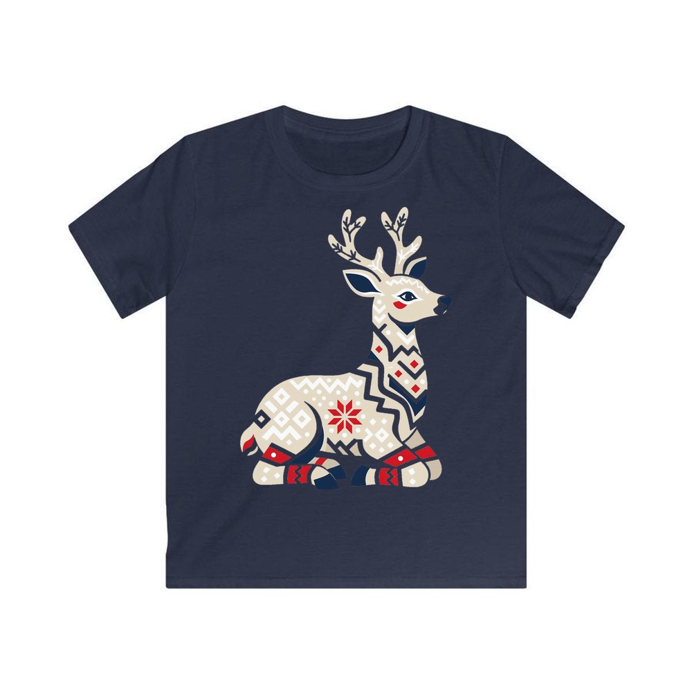 Nordic Folk Reindeer personalised kids Christmas tee in navy