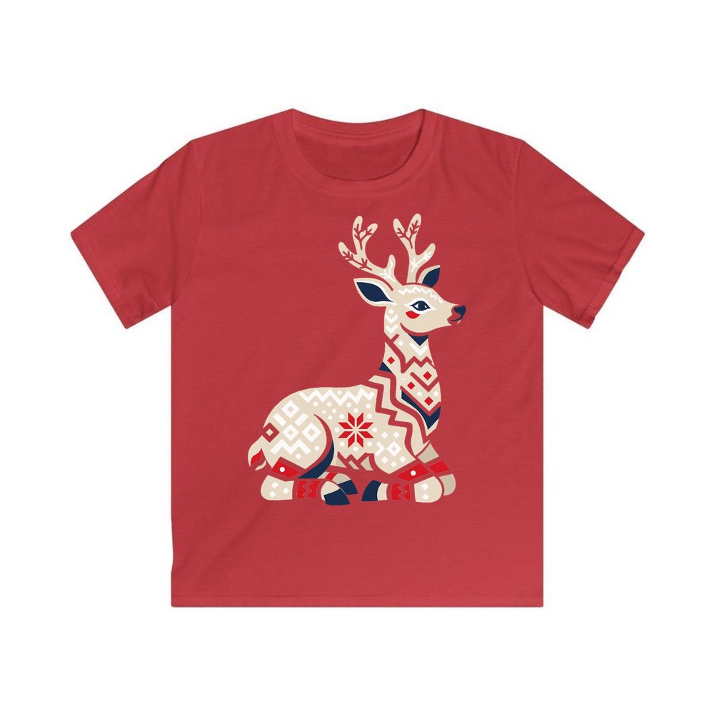 Nordic Folk Reindeer personalised kids Christmas tee in red
