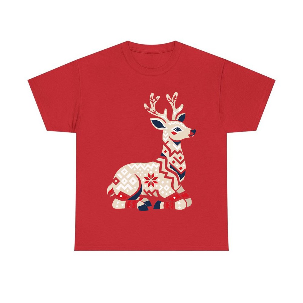 Nordic Folk Reindeer personalised Christmas T-shirt in red