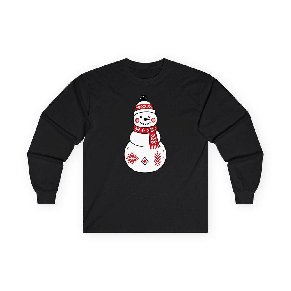 Nordic Folk Snowman personalised long sleeve Christmas T-shirt in black