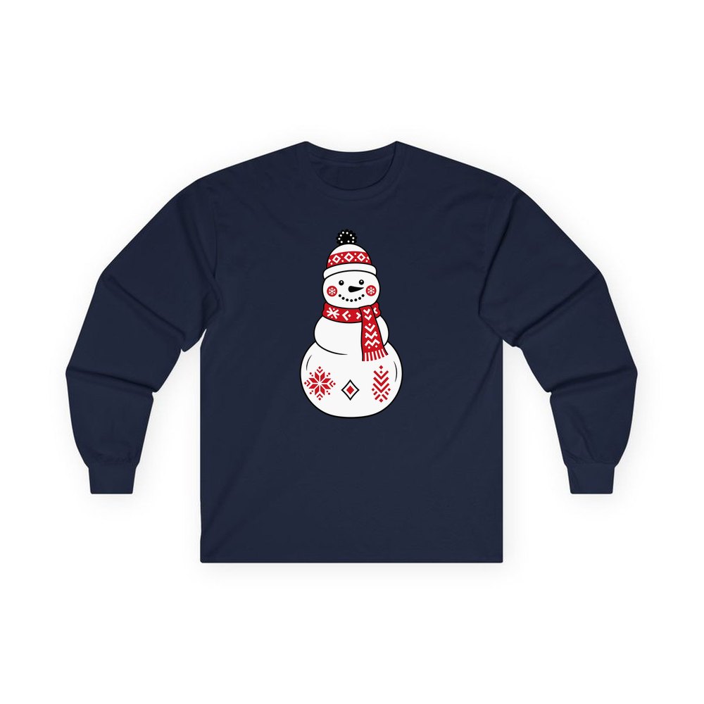 Nordic Folk Snowman personalised long sleeve Christmas T-shirt in navy
