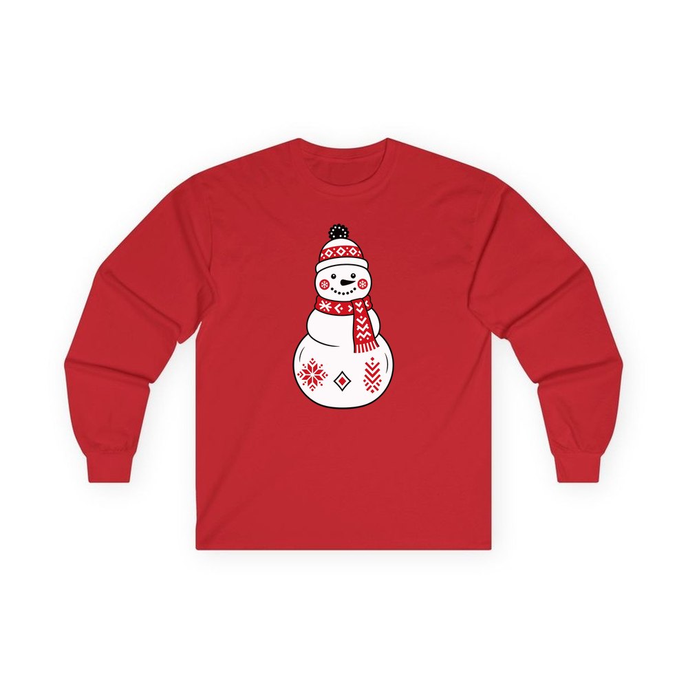Nordic Folk Snowman personalised long sleeve Christmas T-shirt in red