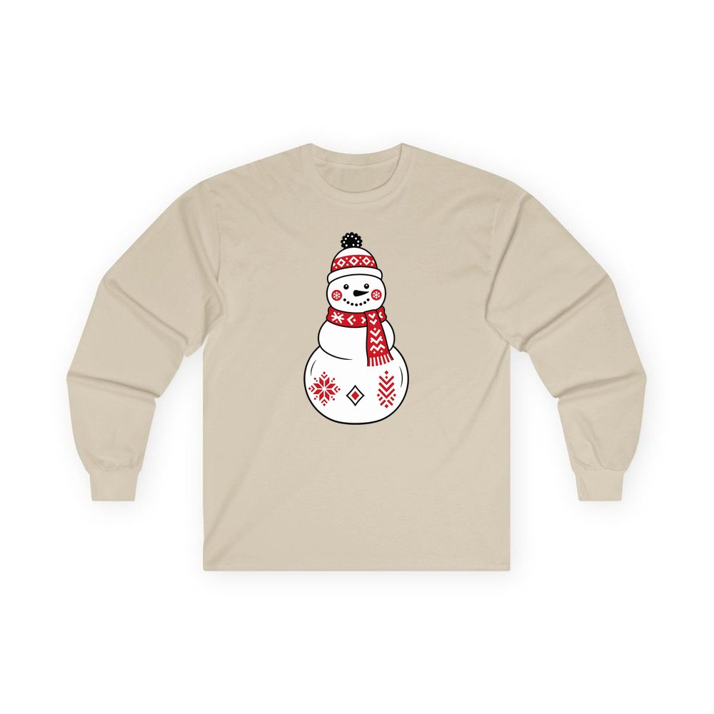 Nordic Folk Snowman personalised long sleeve Christmas T-shirt in sand