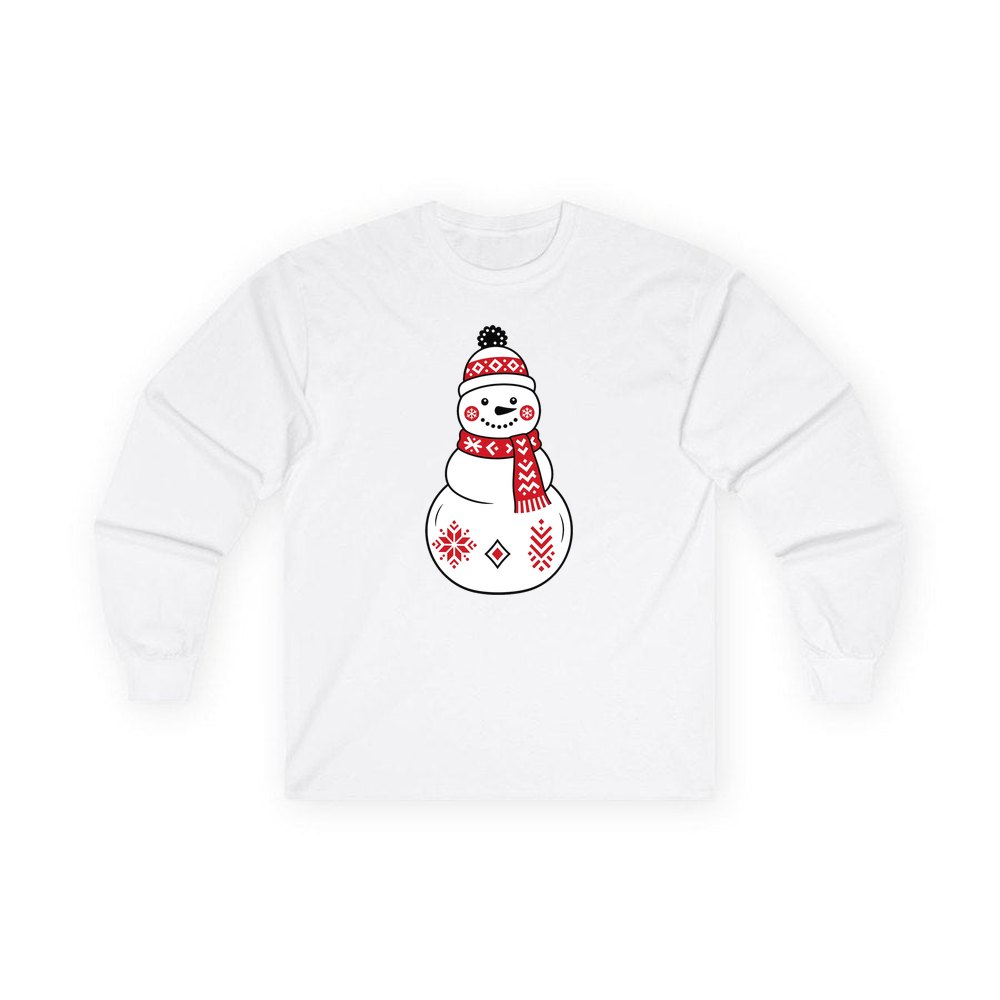 Nordic Folk Snowman personalised long sleeve Christmas T-shirt in white