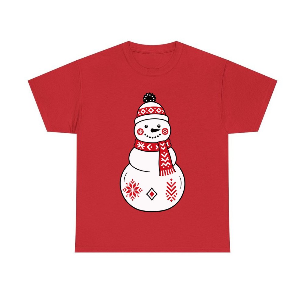Nordic Folk Snowman personalised Christmas T-shirt in red