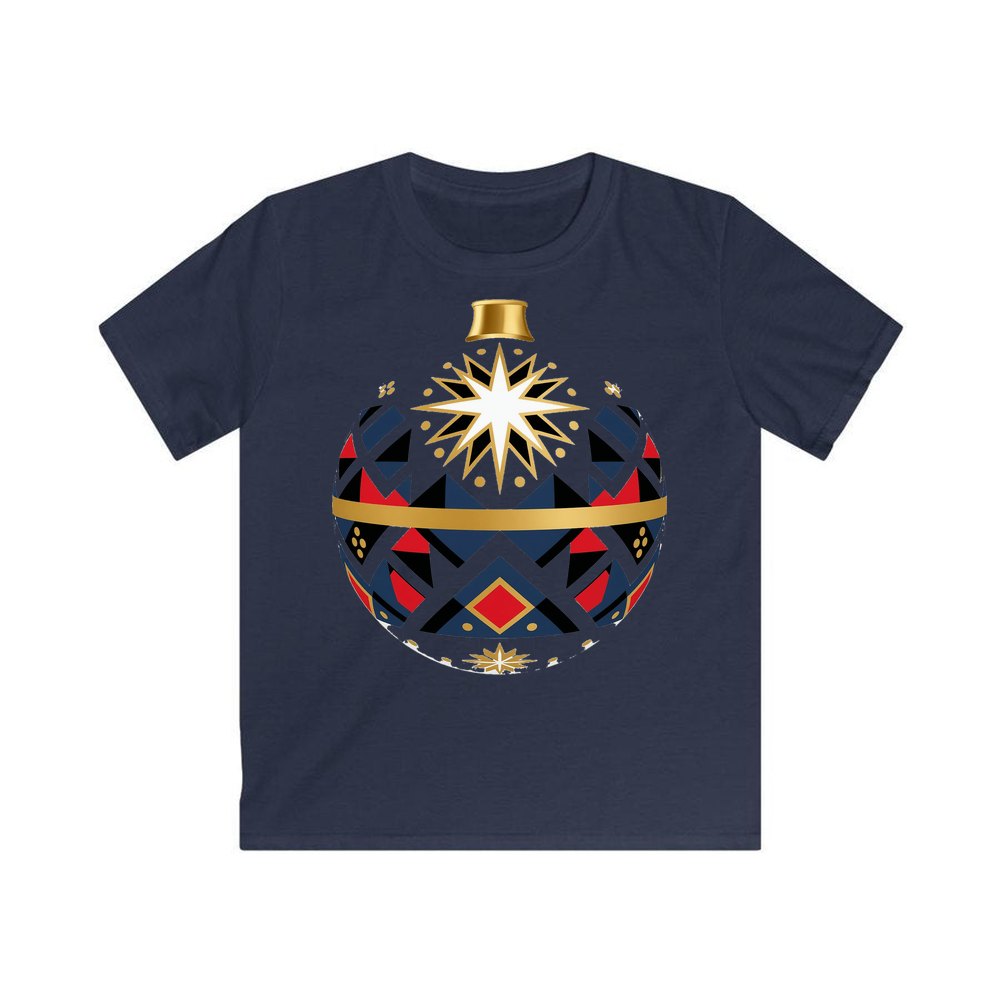 Nordic Geometric Bauble personalised kids Christmas tee in navy