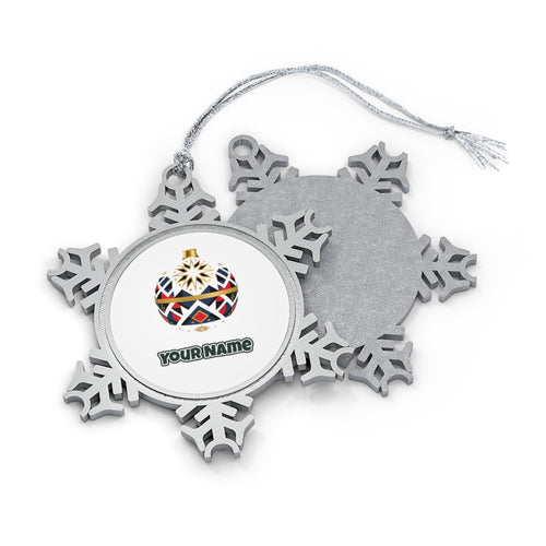Nordic Geometric Bauble personalised pewter snowflake Christmas ornament, front and back, with a name under the design