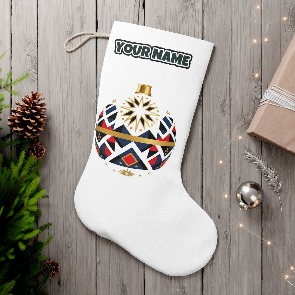 Nordic Geometric Bauble personalised Christmas stocking, white, with the name across the top