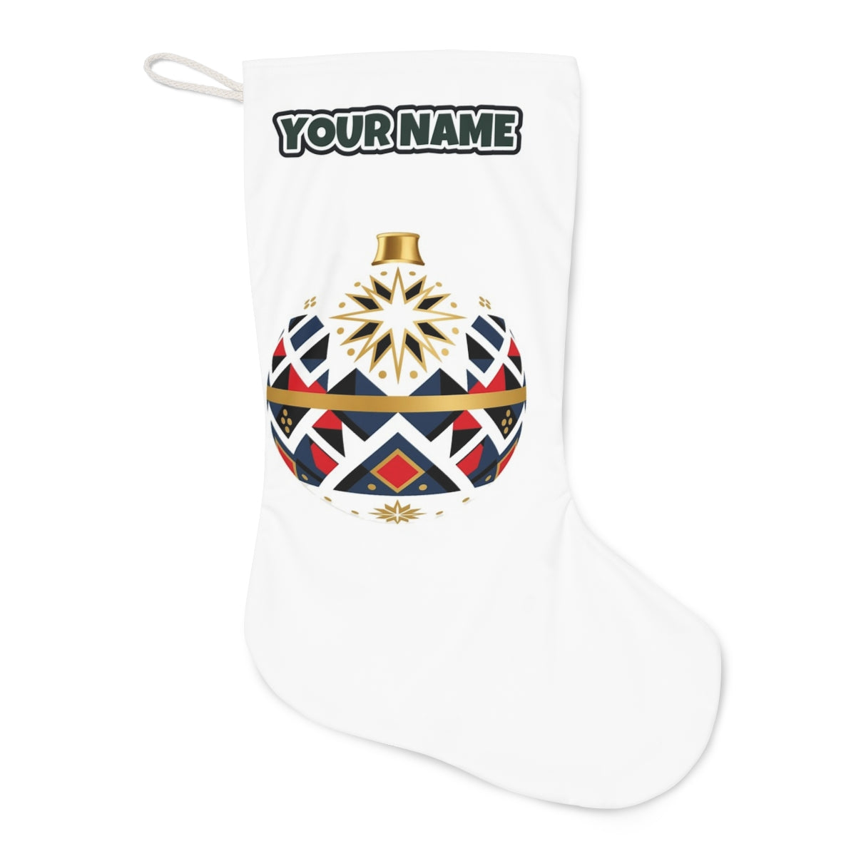 Nordic Geometric Bauble Christmas stocking laid flat, showing the full print