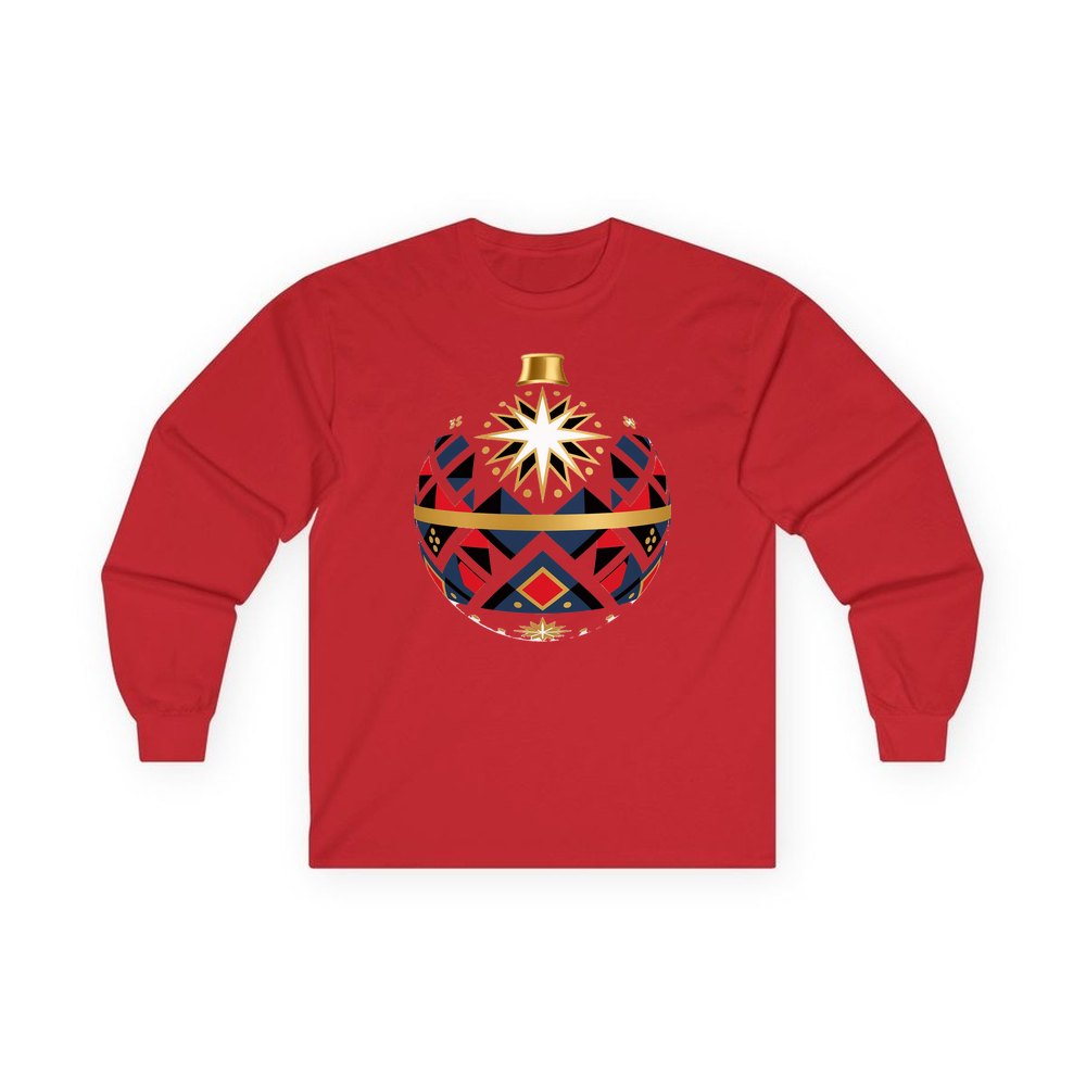 Nordic Geometric Bauble personalised long sleeve Christmas T-shirt in red