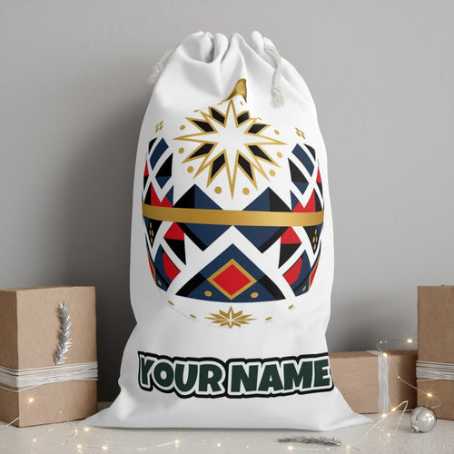 Nordic Geometric Bauble personalised Santa sack, white, with the name printed under the artwork