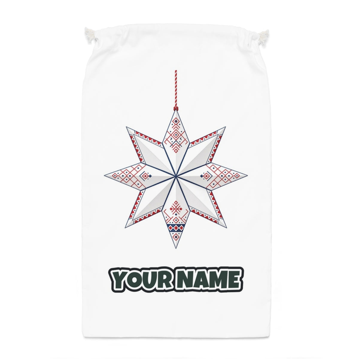 Nordic Paper Star Santa sack laid flat, showing the full print