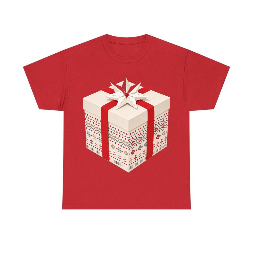 Nordic Patterned Gift Box personalised Christmas T-shirt in red