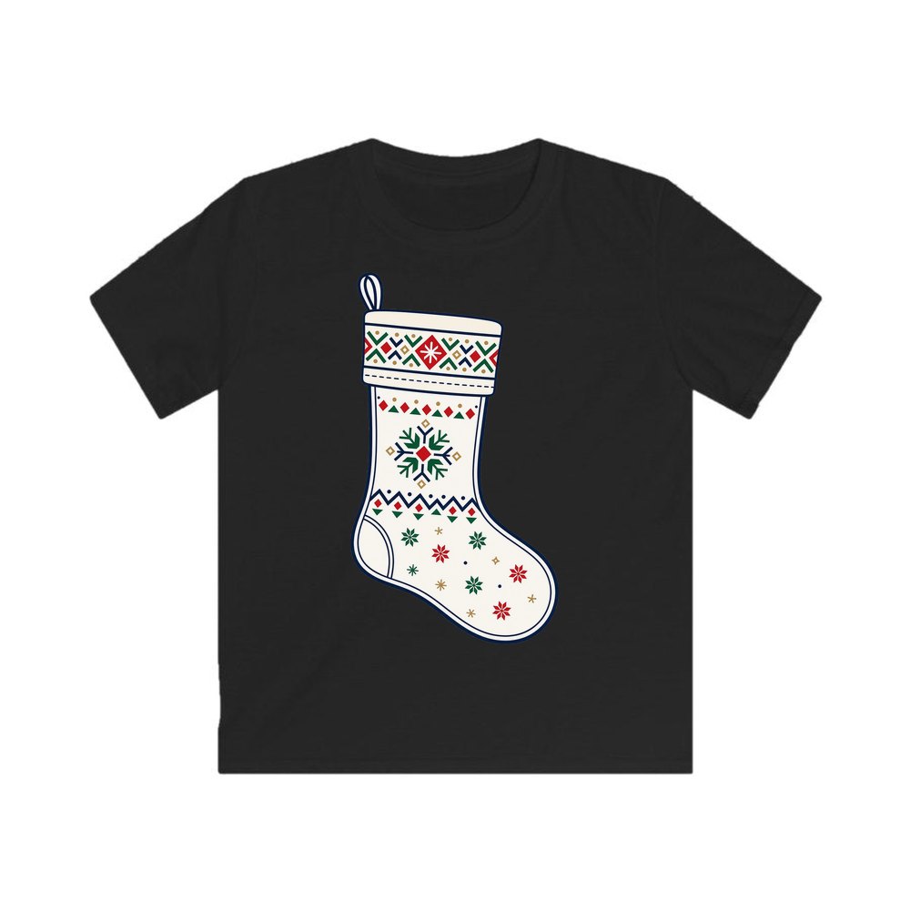 Nordic Snowflake Stocking personalised kids Christmas tee in black