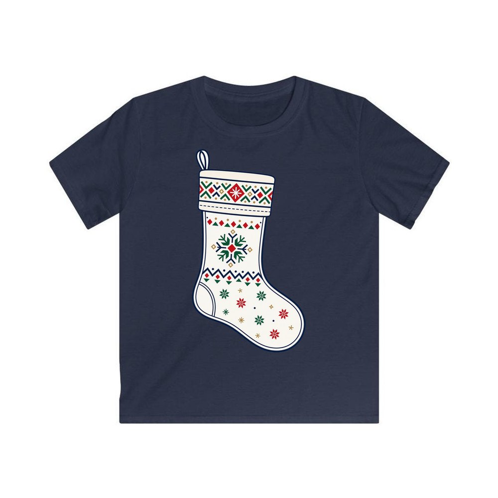 Nordic Snowflake Stocking personalised kids Christmas tee in navy