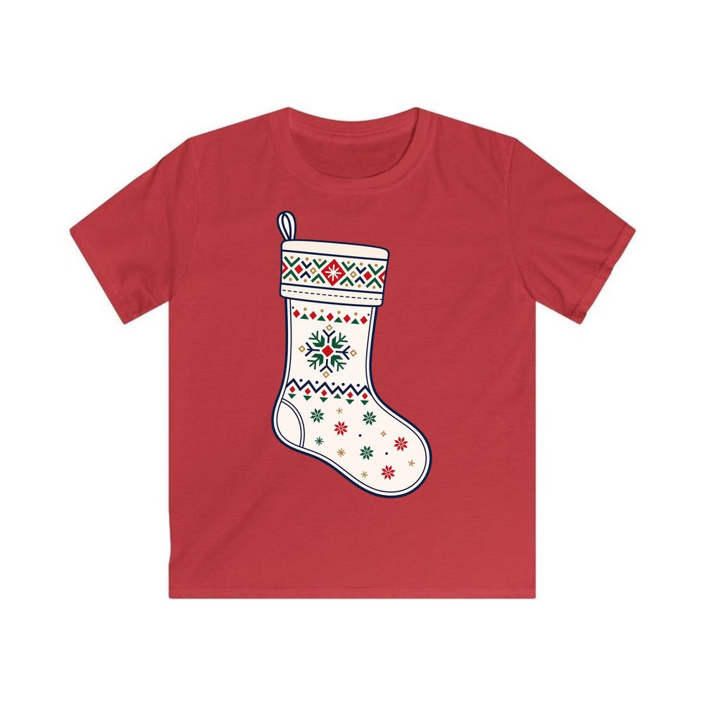 Nordic Snowflake Stocking personalised kids Christmas tee in red