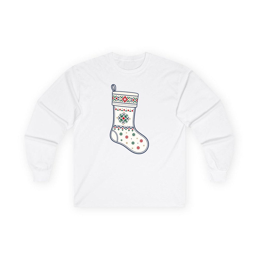 Nordic Snowflake Stocking personalised long sleeve Christmas T-shirt in white