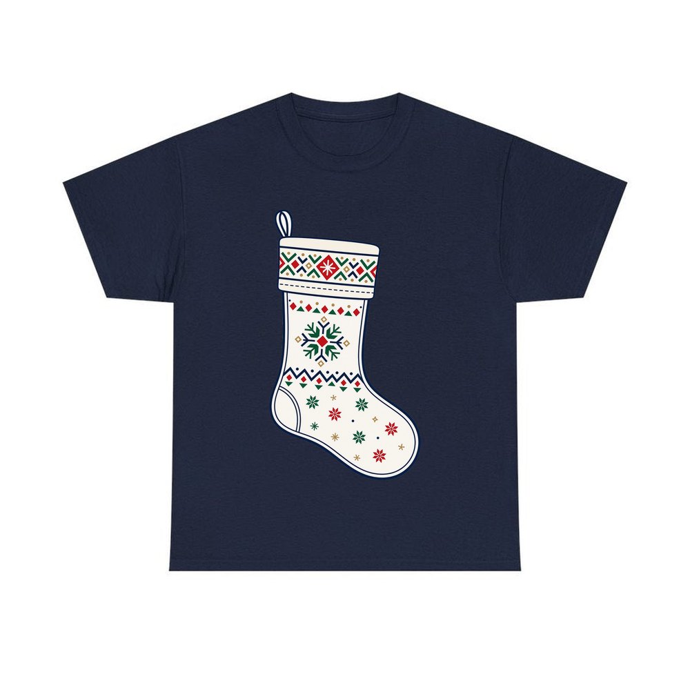 Nordic Snowflake Stocking personalised Christmas T-shirt in navy
