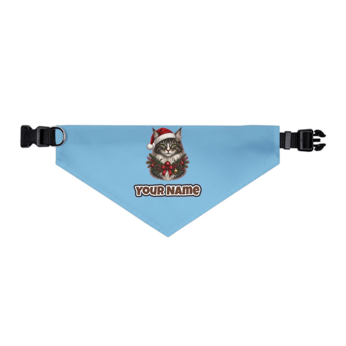 Norwegian Forest Cat personalised Christmas pet bandana in sky blue, collar with buckle