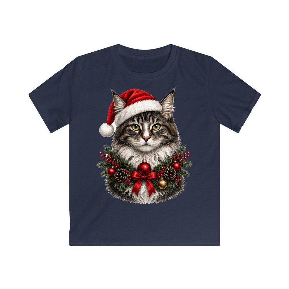 Norwegian Forest Cat personalised kids Christmas tee in navy