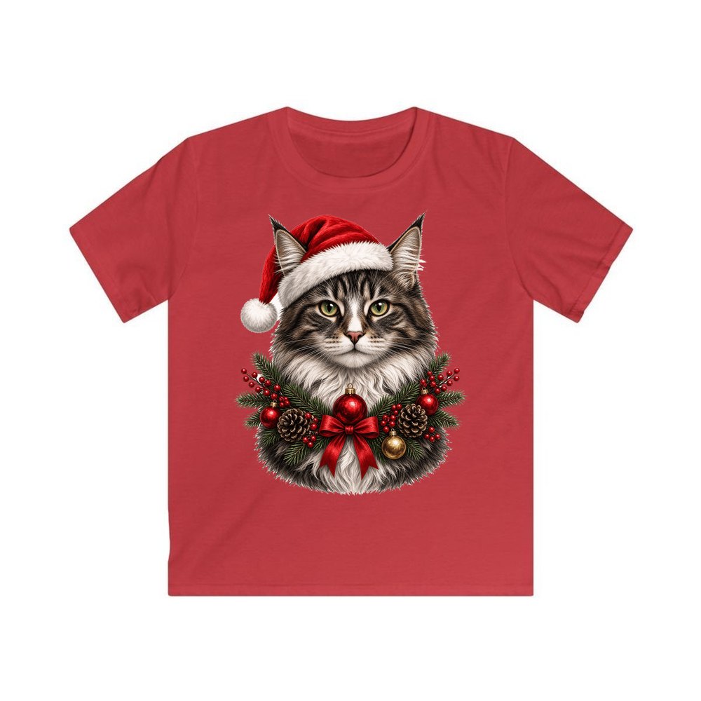 Norwegian Forest Cat personalised kids Christmas tee in red
