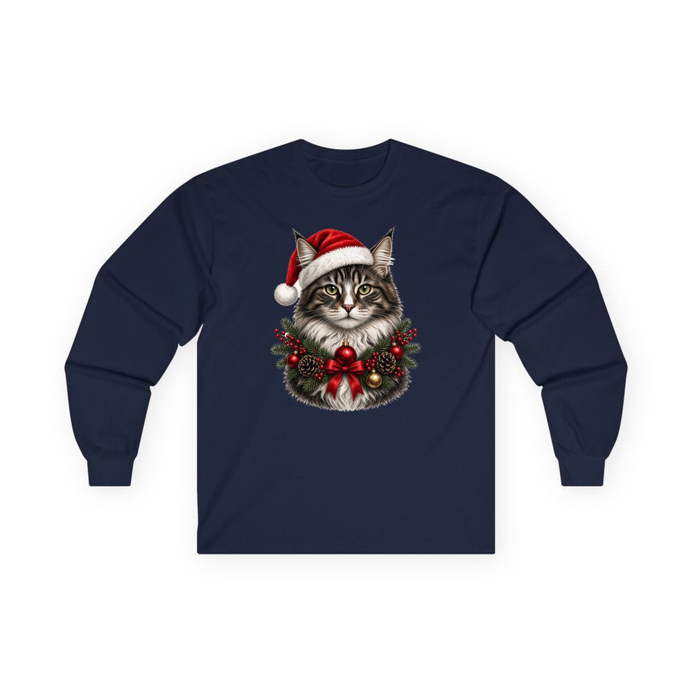 Norwegian Forest Cat personalised long sleeve Christmas T-shirt in navy