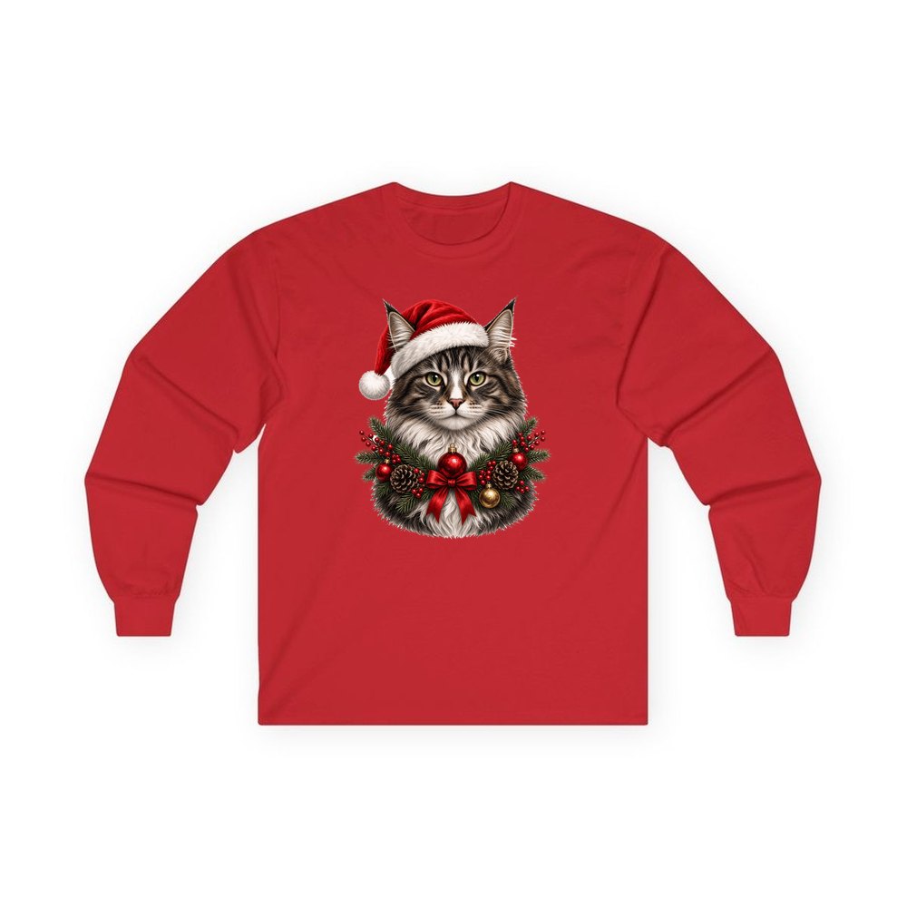 Norwegian Forest Cat personalised long sleeve Christmas T-shirt in red