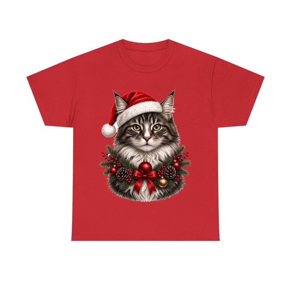 Norwegian Forest Cat personalised Christmas T-shirt in red