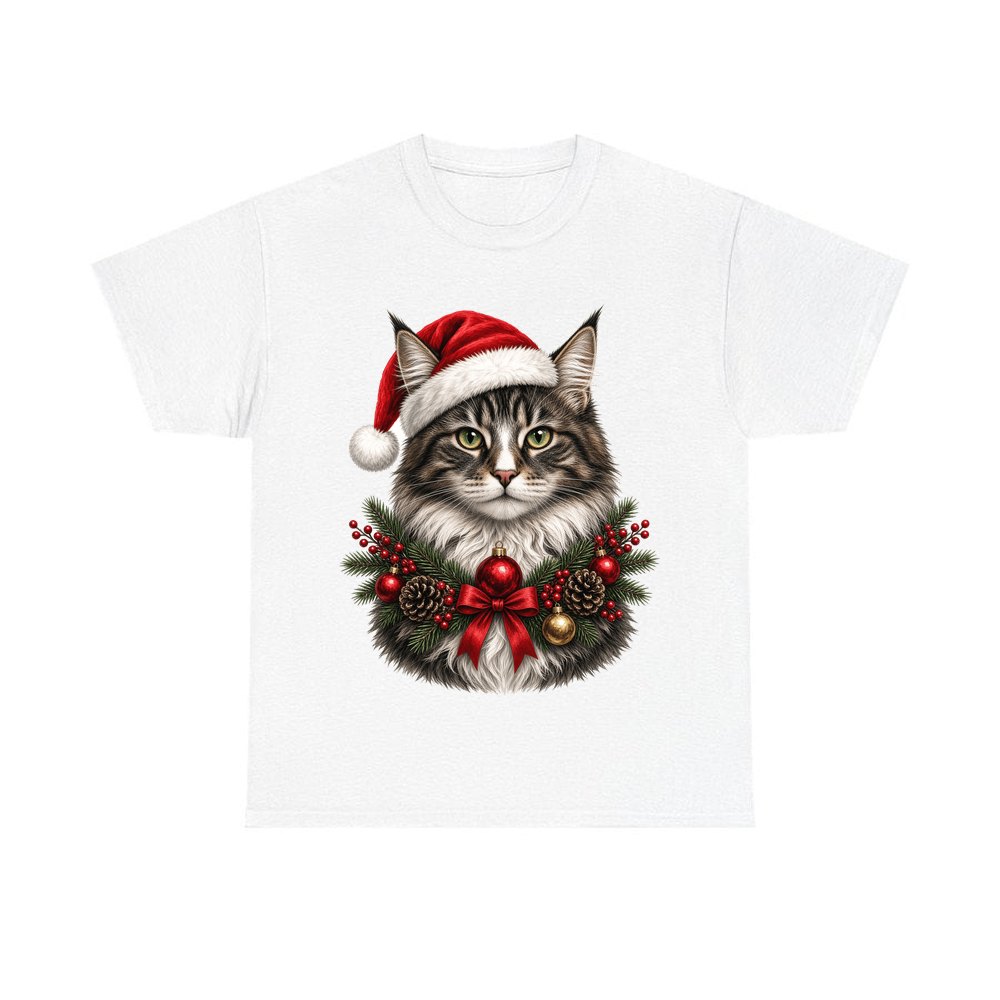 Norwegian Forest Cat Christmas design on a white tee