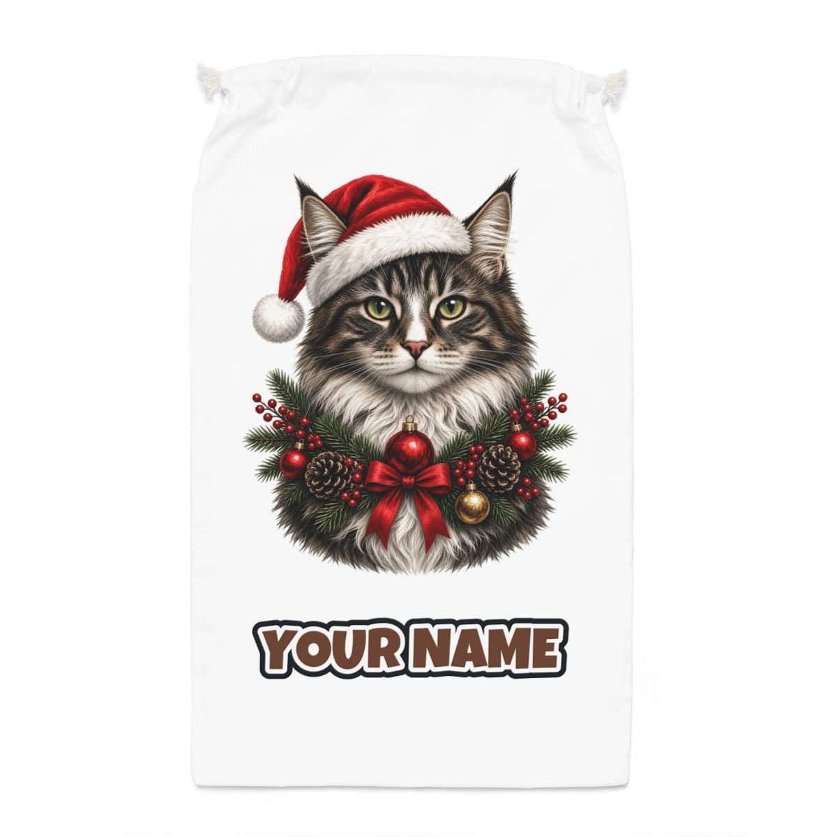 Norwegian Forest Cat Santa sack laid flat, showing the full print