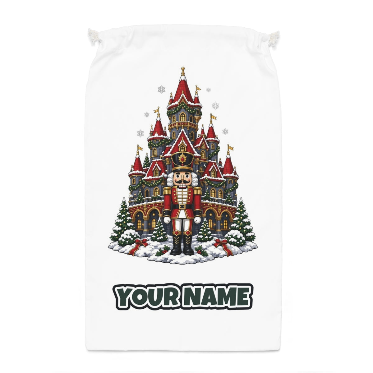 Nutcracker at the Castle Santa sack laid flat, showing the full print