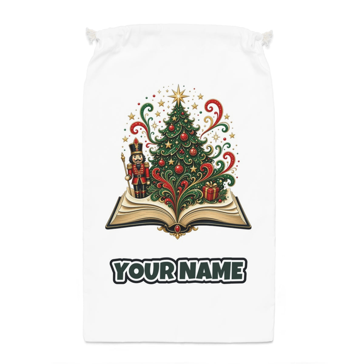 Nutcracker Christmas Storybook Santa sack laid flat, showing the full print