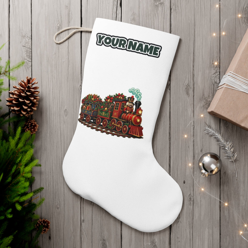 Nutcracker Driving Christmas Train personalised Christmas stocking, white, with the name across the top