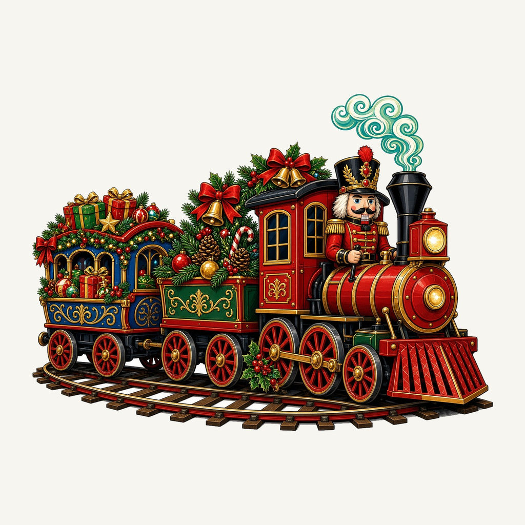 Nutcracker Driving Christmas Train Christmas artwork, the design printed on the personalised stocking