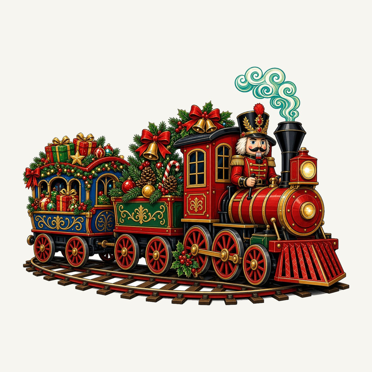 Nutcracker Driving Christmas Train Christmas artwork, the design printed on the personalised stocking