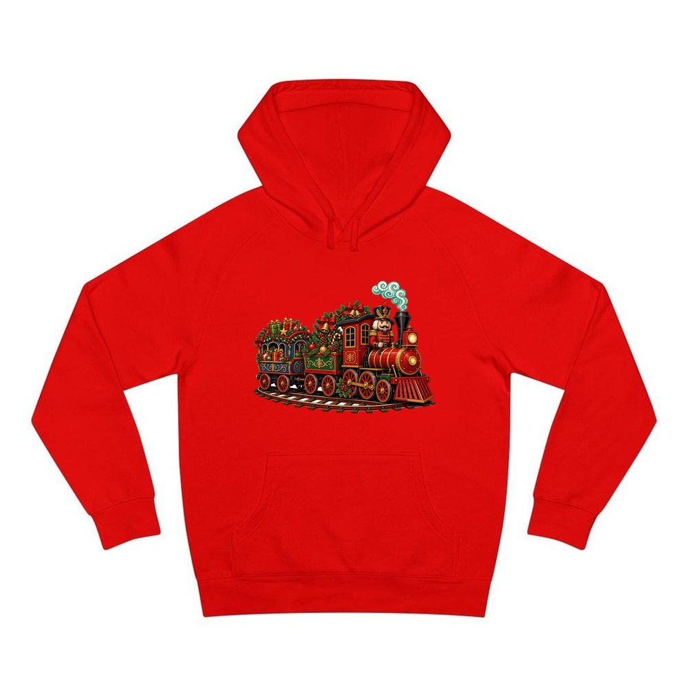 Nutcracker Driving Christmas Train personalised Christmas hoodie in red