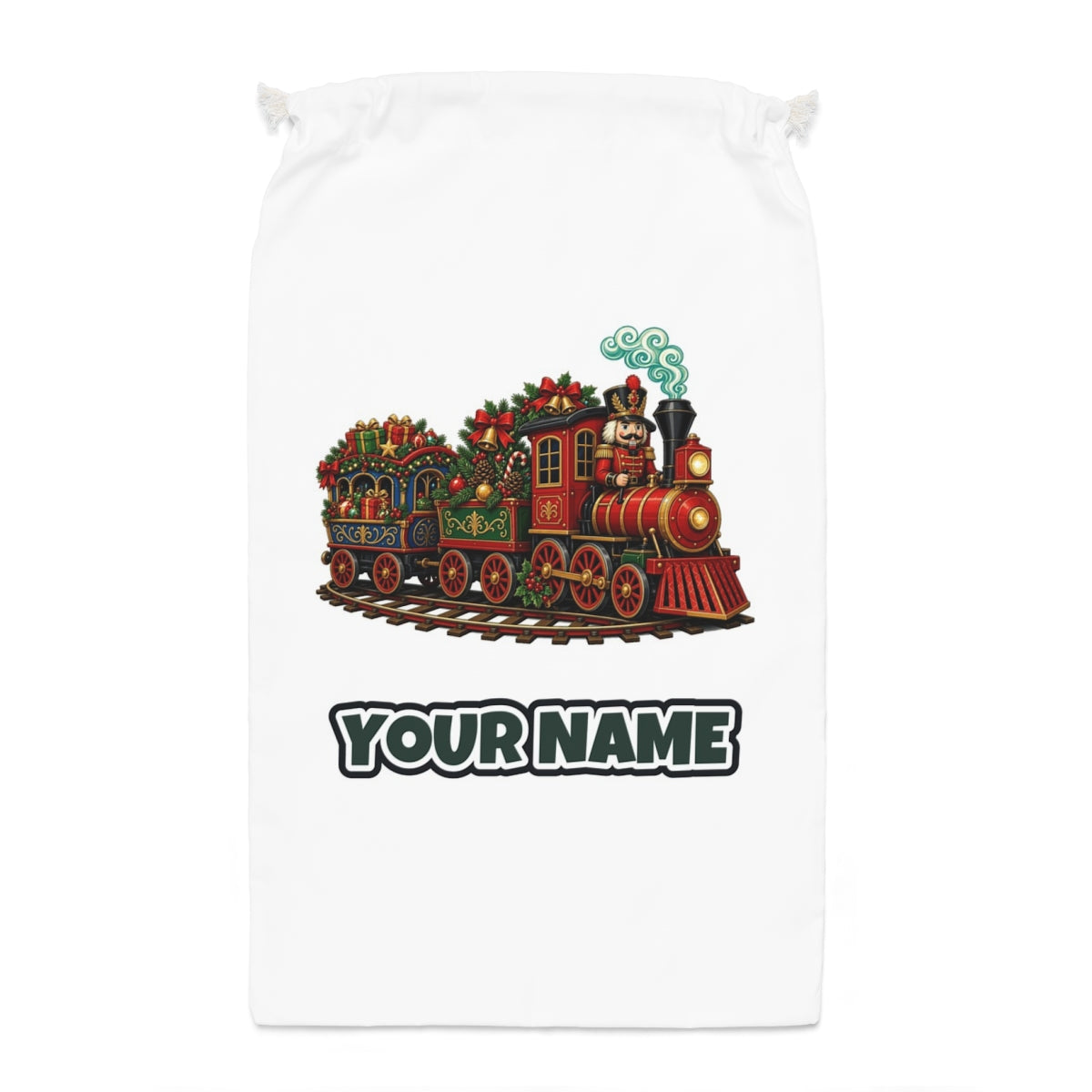Nutcracker Driving Christmas Train Santa sack laid flat, showing the full print