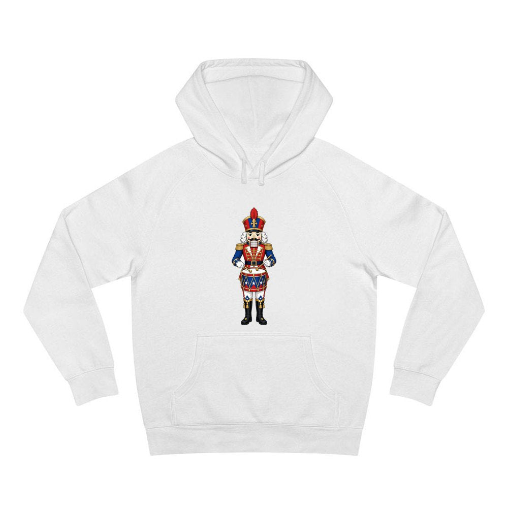 Blue Coat Nutcracker Drummer personalised Christmas hoodie in white