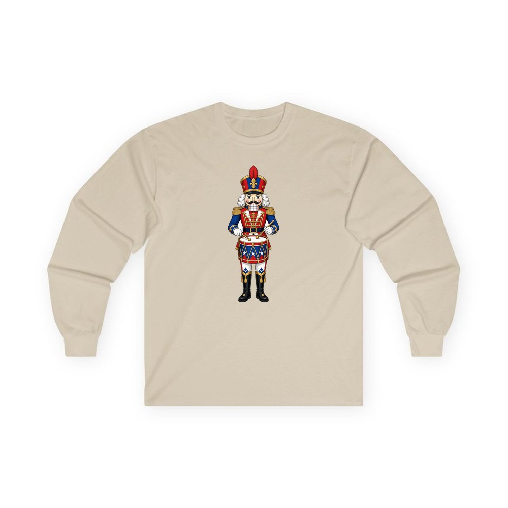 Blue Coat Nutcracker Drummer personalised long sleeve Christmas T-shirt in sand